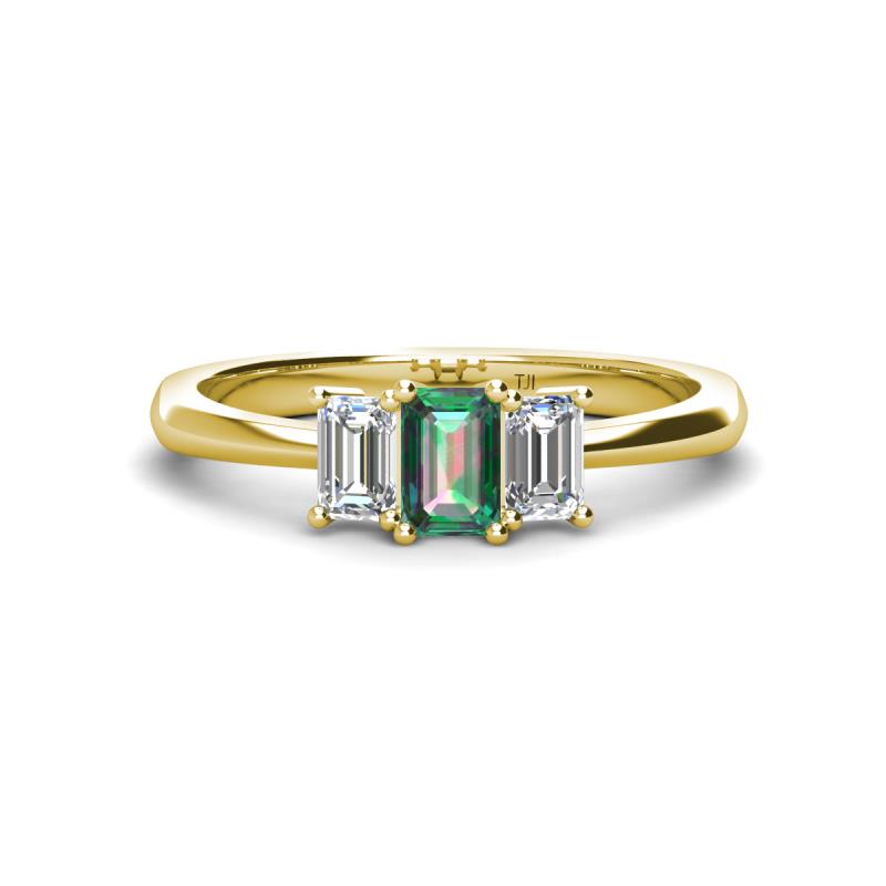 Daria 6x4 mm Emerald Cut Lab Created Alexandrite and Diamond Side Gallery Work Three Stone Engagement Ring 