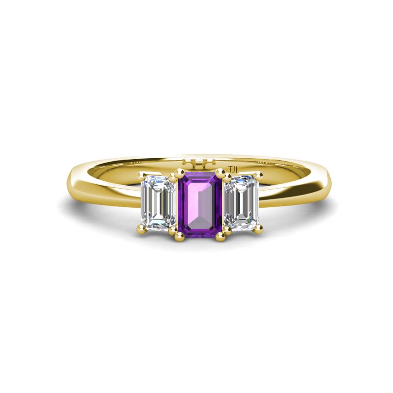 Daria 6x4 mm Emerald Cut Amethyst and Diamond Side Gallery Work Three Stone Engagement Ring 