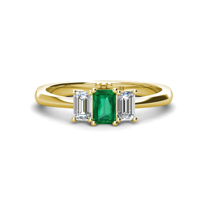 Daria 6x4 mm Emerald Cut Emerald and Diamond Side Gallery Work Three Stone Engagement Ring 