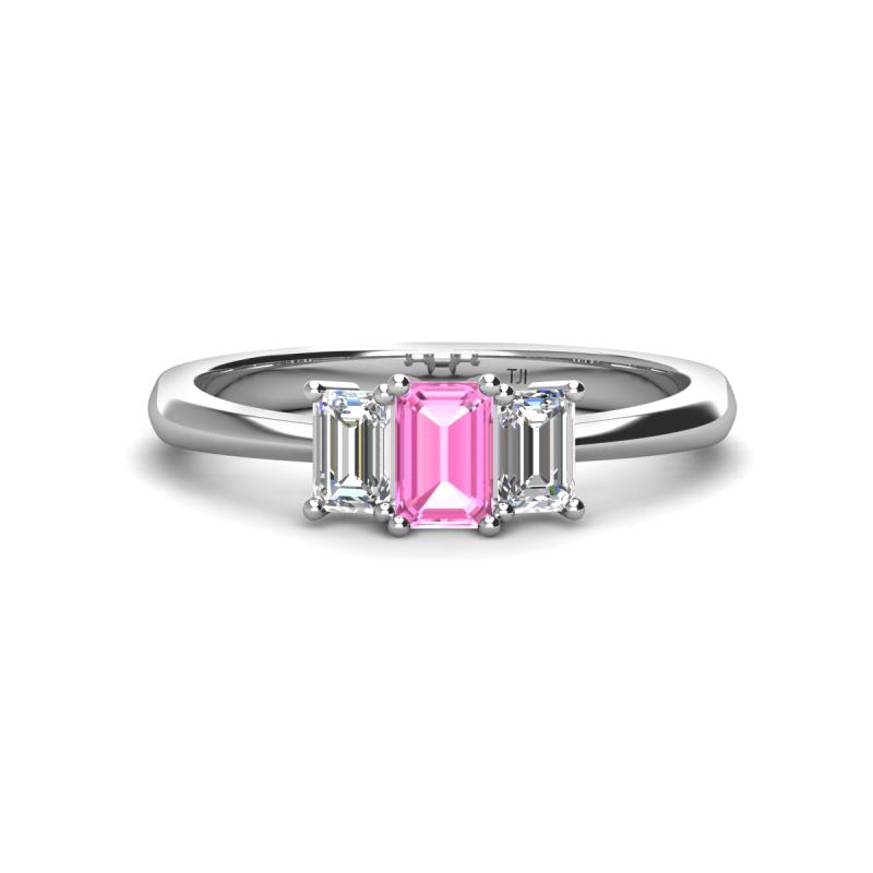 Daria 6x4 mm Emerald Cut Pink Sapphire and Diamond Side Gallery Work Three Stone Engagement Ring 