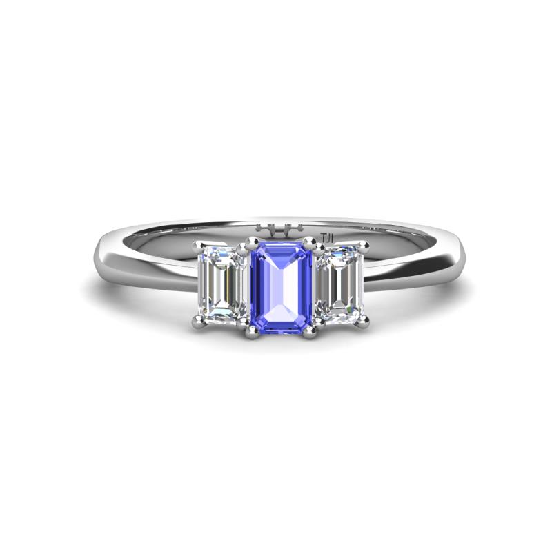 Daria 6x4 mm Emerald Cut Tanzanite and Diamond Side Gallery Work Three Stone Engagement Ring 