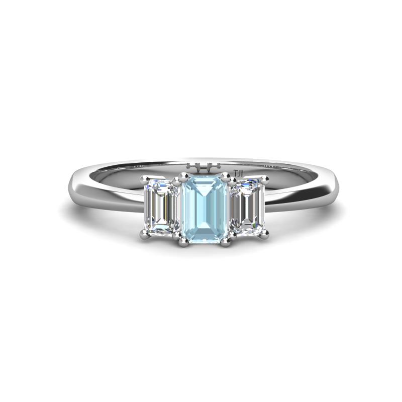 Daria 6x4 mm Emerald Cut Aquamarine and Diamond Side Gallery Work Three Stone Engagement Ring 