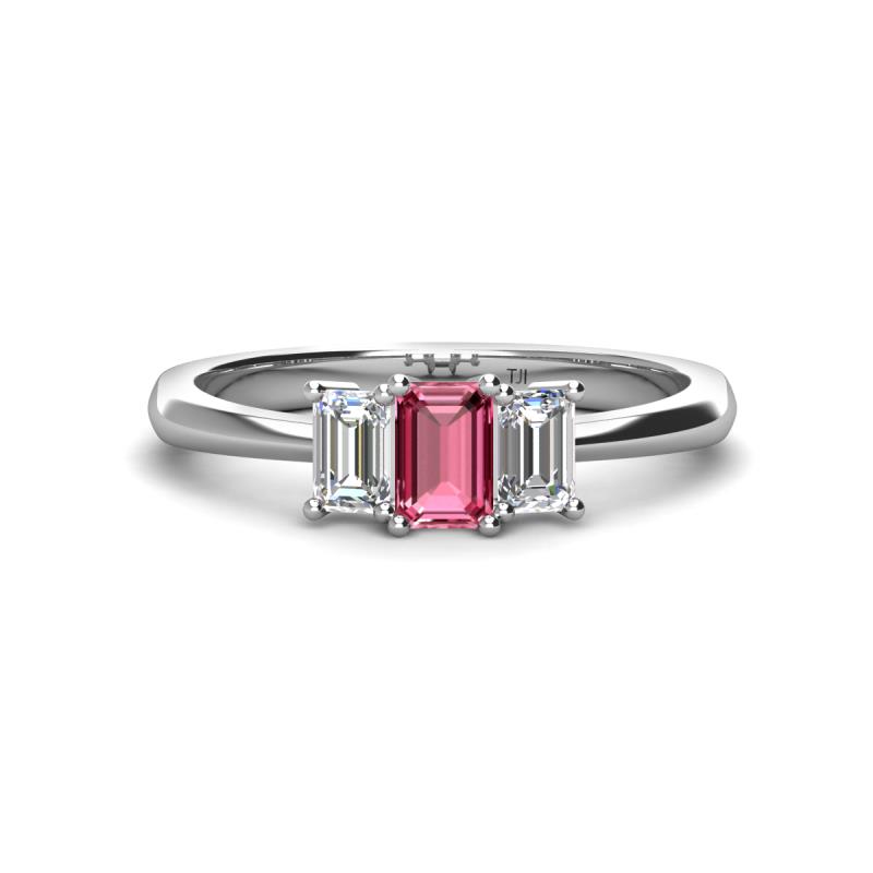 Daria 6x4 mm Emerald Cut Pink Tourmaline and Diamond Side Gallery Work Three Stone Engagement Ring 