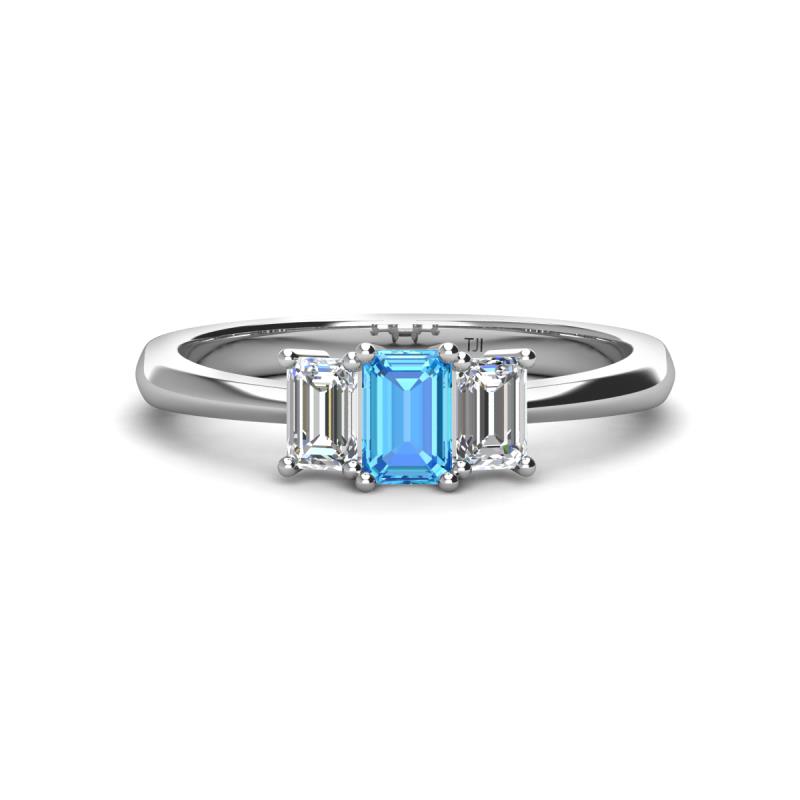 Daria 6x4 mm Emerald Cut Blue Topaz and Diamond Side Gallery Work Three Stone Engagement Ring 