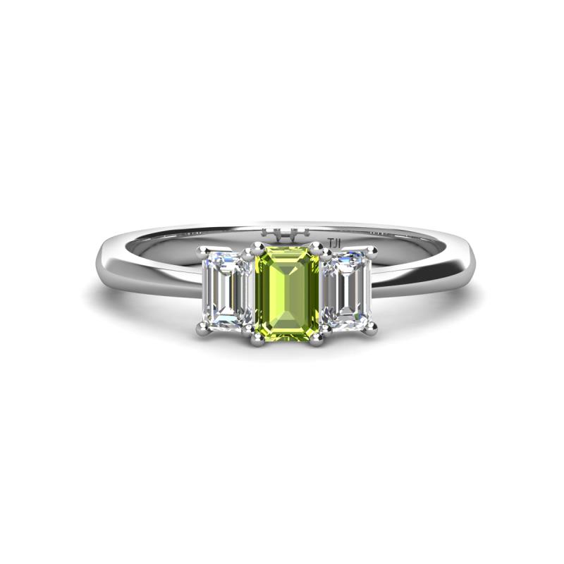 Daria 6x4 mm Emerald Cut Peridot and Diamond Side Gallery Work Three Stone Engagement Ring 