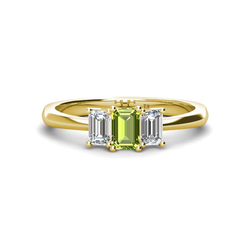 Daria 6x4 mm Emerald Cut Peridot and Diamond Side Gallery Work Three Stone Engagement Ring 