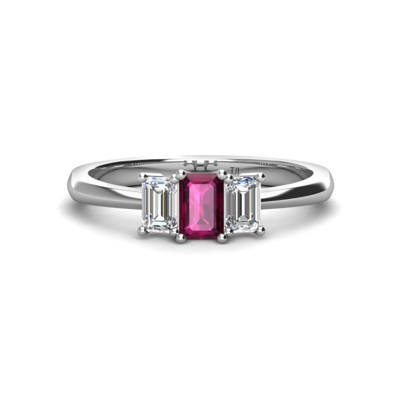 Daria 6x4 mm Emerald Cut Rhodolite Garnet and Diamond Side Gallery Work Three Stone Engagement Ring 