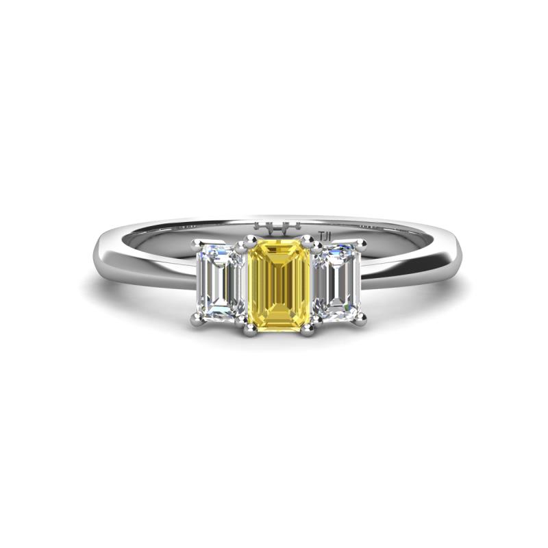 Daria 6x4 mm Emerald Cut Yellow Sapphire and Diamond Side Gallery Work Three Stone Engagement Ring 