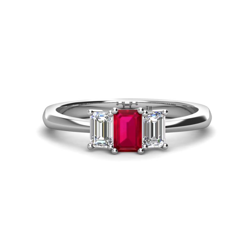 Daria 6x4 mm Emerald Cut Ruby and Diamond Side Gallery Work Three Stone Engagement Ring 