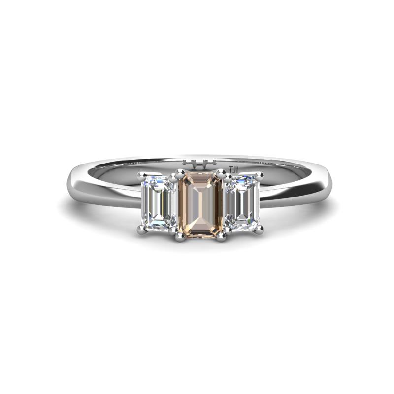 Daria 6x4 mm Emerald Cut Smoky Quartz and Diamond Side Gallery Work Three Stone Engagement Ring 