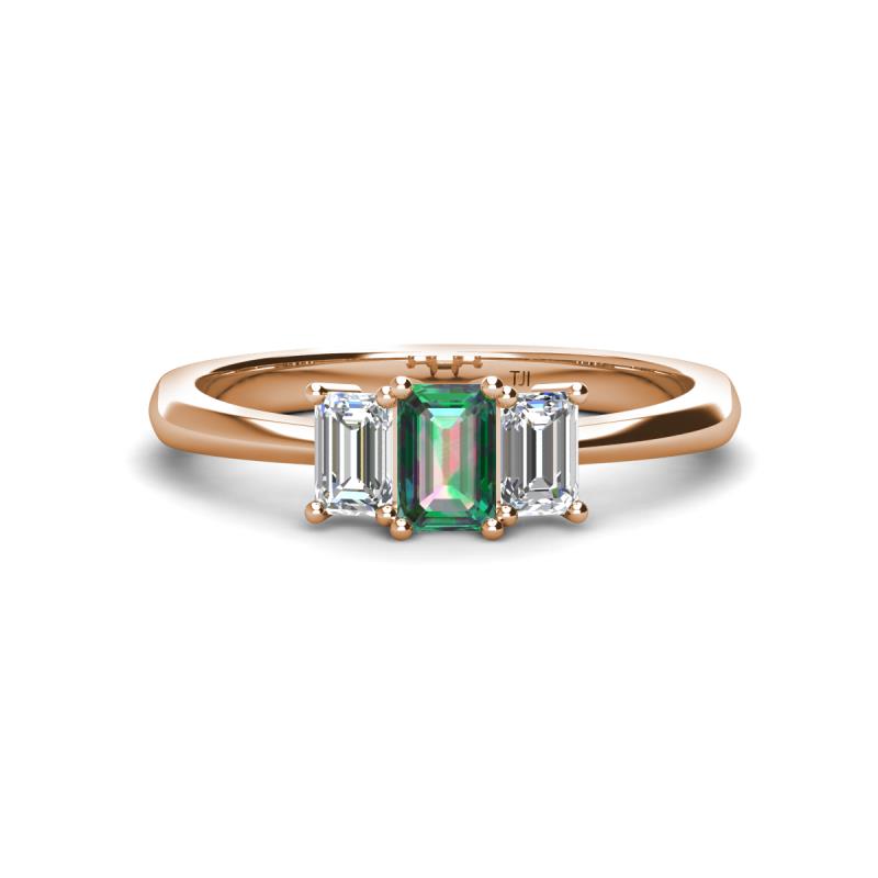 Daria 6x4 mm Emerald Cut Lab Created Alexandrite and Lab Grown Diamond Side Gallery Work Three Stone Engagement Ring 