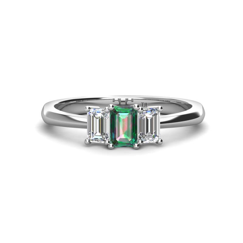 Daria 6x4 mm Emerald Cut Lab Created Alexandrite and Lab Grown Diamond Side Gallery Work Three Stone Engagement Ring 