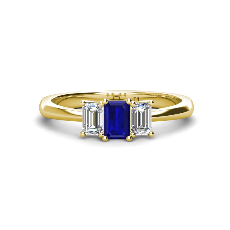 Daria 6x4 mm Emerald Cut Blue Sapphire and Lab Grown Diamond Side Gallery Work Three Stone Engagement Ring 