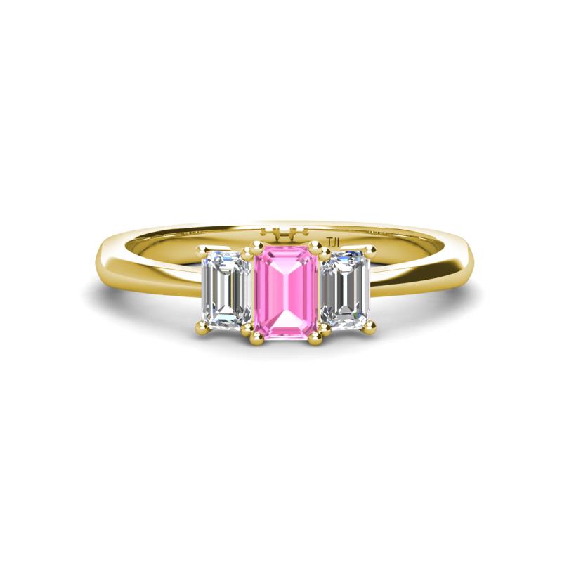 Daria 6x4 mm Emerald Cut Pink Sapphire and Lab Grown Diamond Side Gallery Work Three Stone Engagement Ring 