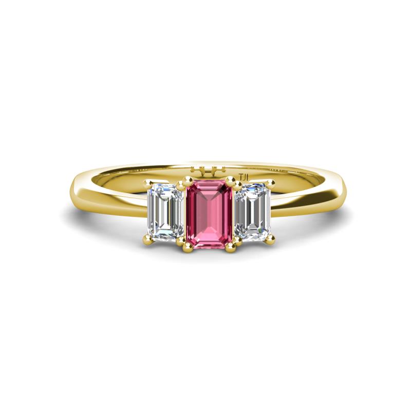 Daria 6x4 mm Emerald Cut Pink Tourmaline and Lab Grown Diamond Side Gallery Work Three Stone Engagement Ring 