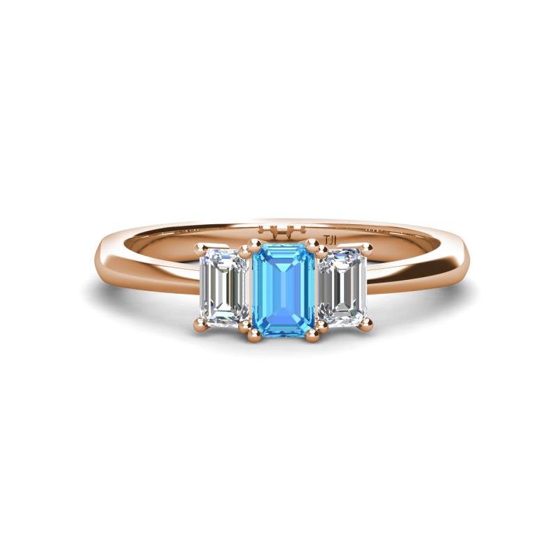 Daria 6x4 mm Emerald Cut Blue Topaz and Lab Grown Diamond Side Gallery Work Three Stone Engagement Ring 