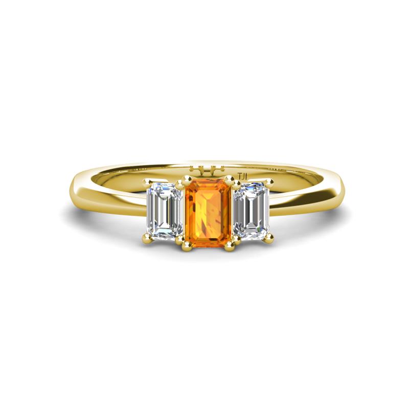 Daria 6x4 mm Emerald Cut Citrine and Lab Grown Diamond Side Gallery Work Three Stone Engagement Ring 