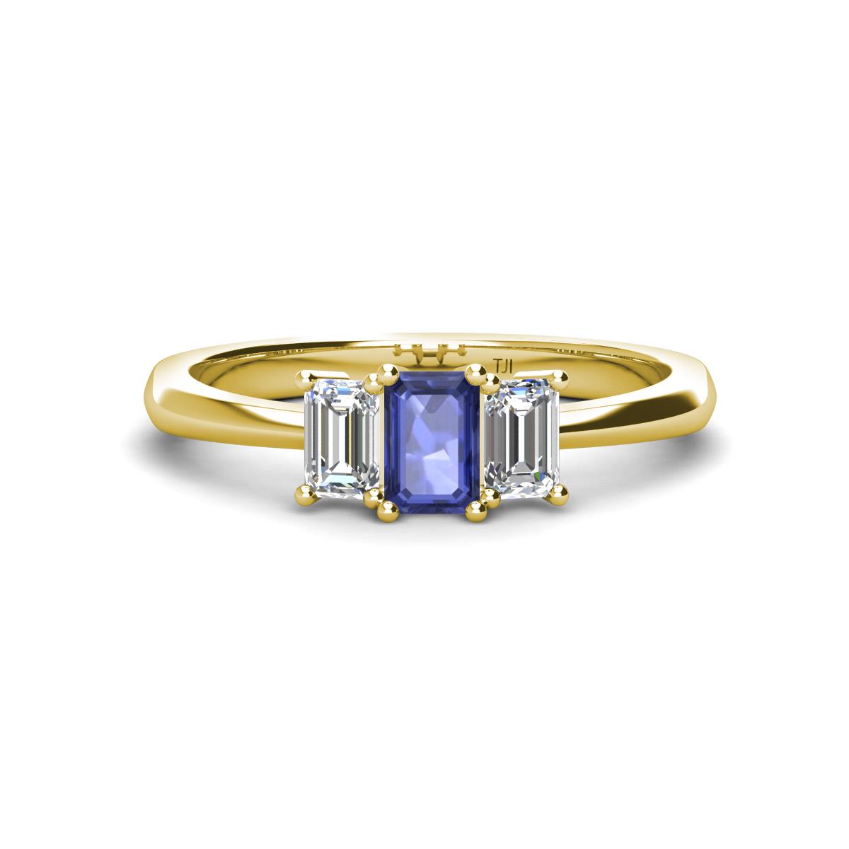 Daria 6x4 mm Emerald Cut Iolite and Lab Grown Diamond Side Gallery Work Three Stone Engagement Ring 