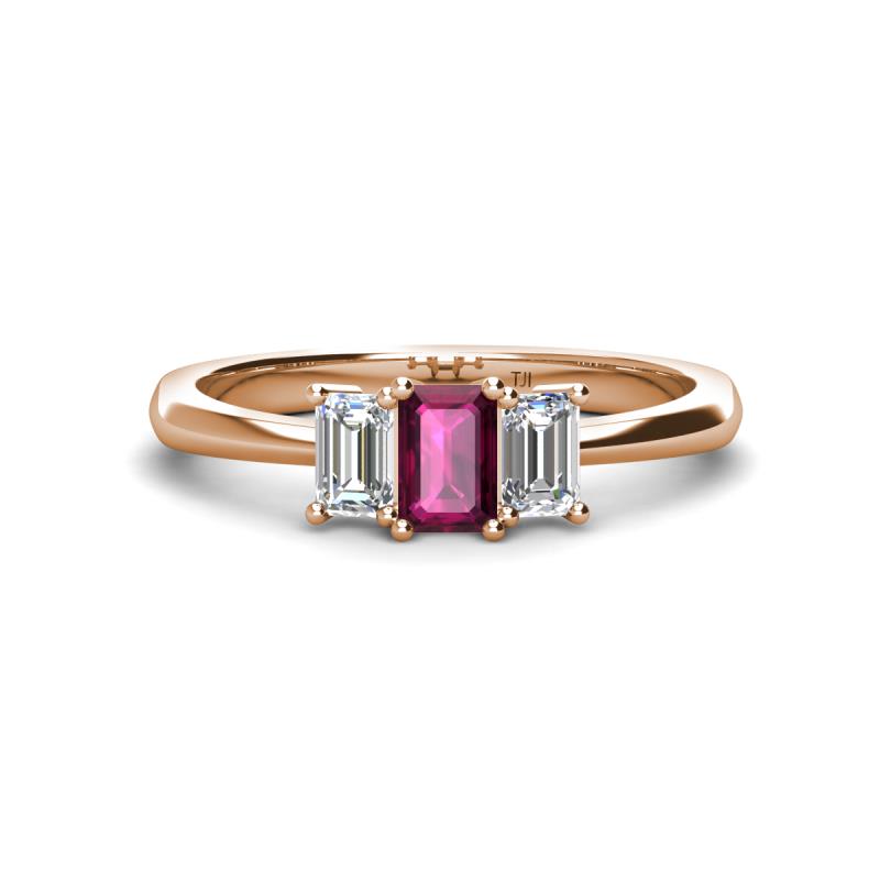 Daria 6x4 mm Emerald Cut Rhodolite Garnet and Lab Grown Diamond Side Gallery Work Three Stone Engagement Ring 