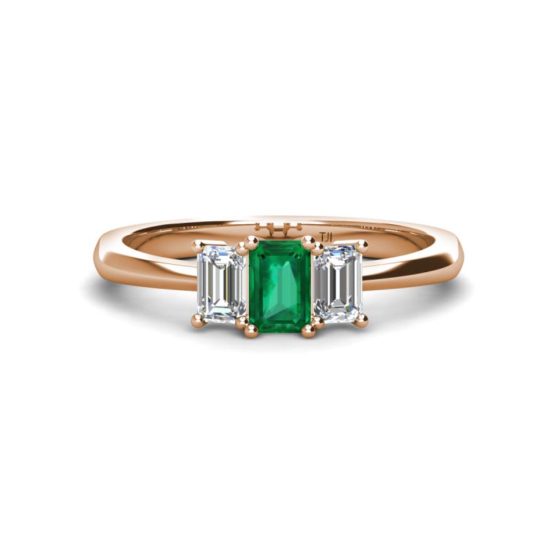 Daria 6x4 mm Emerald Cut Emerald and Lab Grown Diamond Side Gallery Work Three Stone Engagement Ring 