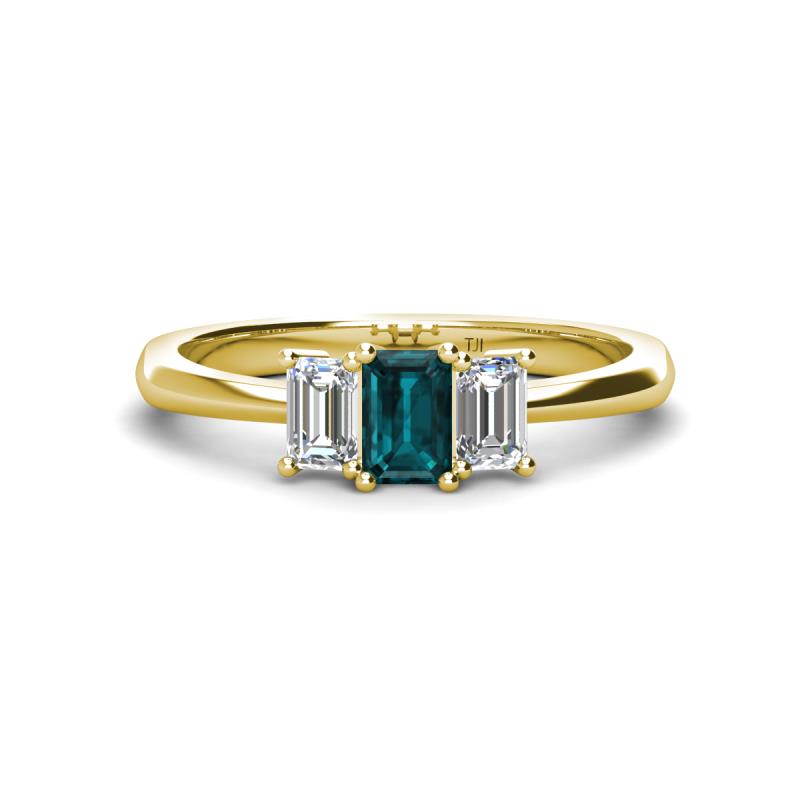 Daria 6x4 mm Emerald Cut London Blue Topaz and Lab Grown Diamond Side Gallery Work Three Stone Engagement Ring 