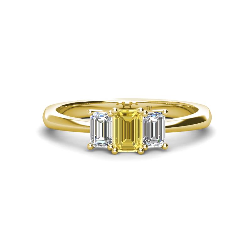 Daria 6x4 mm Emerald Cut Yellow Sapphire and Lab Grown Diamond Side Gallery Work Three Stone Engagement Ring 