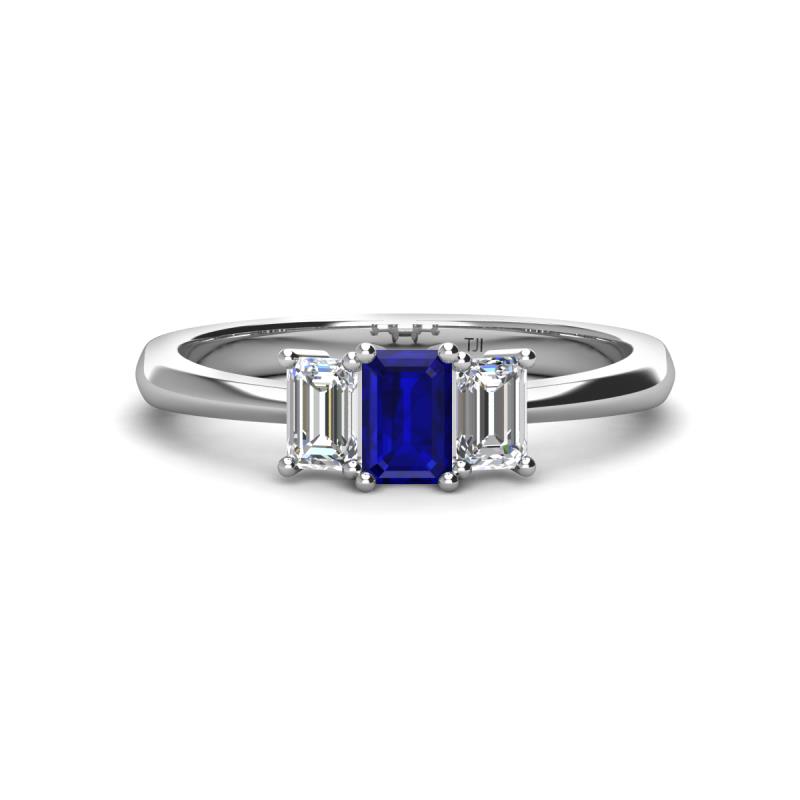 Daria 6x4 mm Emerald Cut Blue Sapphire and Lab Grown Diamond Side Gallery Work Three Stone Engagement Ring 