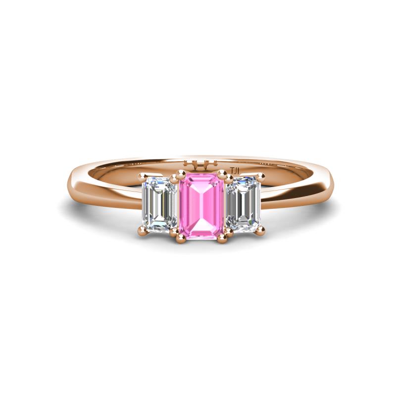 Daria 6x4 mm Emerald Cut Pink Sapphire and Lab Grown Diamond Side Gallery Work Three Stone Engagement Ring 