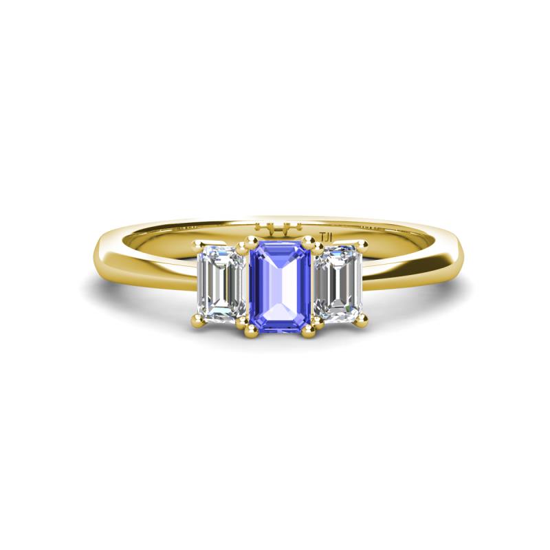 Daria 6x4 mm Emerald Cut Tanzanite and Lab Grown Diamond Side Gallery Work Three Stone Engagement Ring 