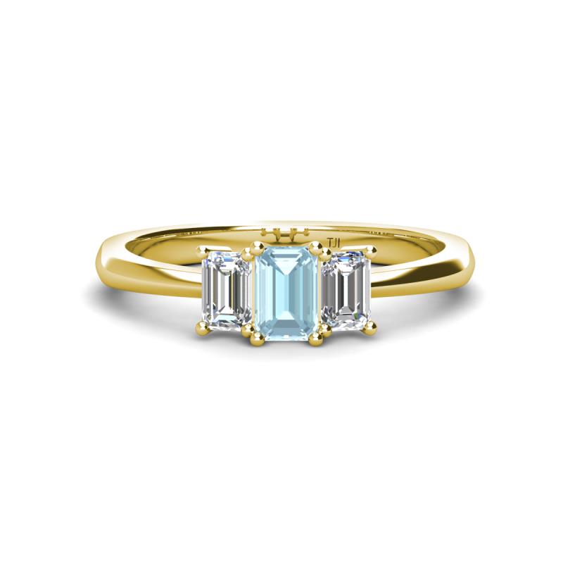 Daria 6x4 mm Emerald Cut Aquamarine and Lab Grown Diamond Side Gallery Work Three Stone Engagement Ring 