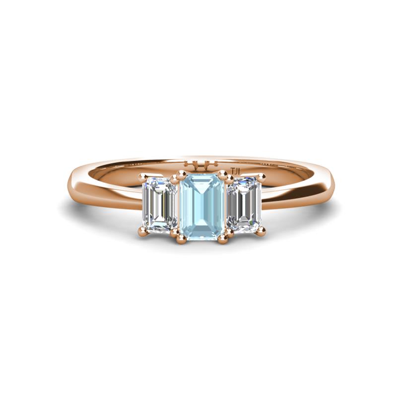 Daria 6x4 mm Emerald Cut Aquamarine and Lab Grown Diamond Side Gallery Work Three Stone Engagement Ring 