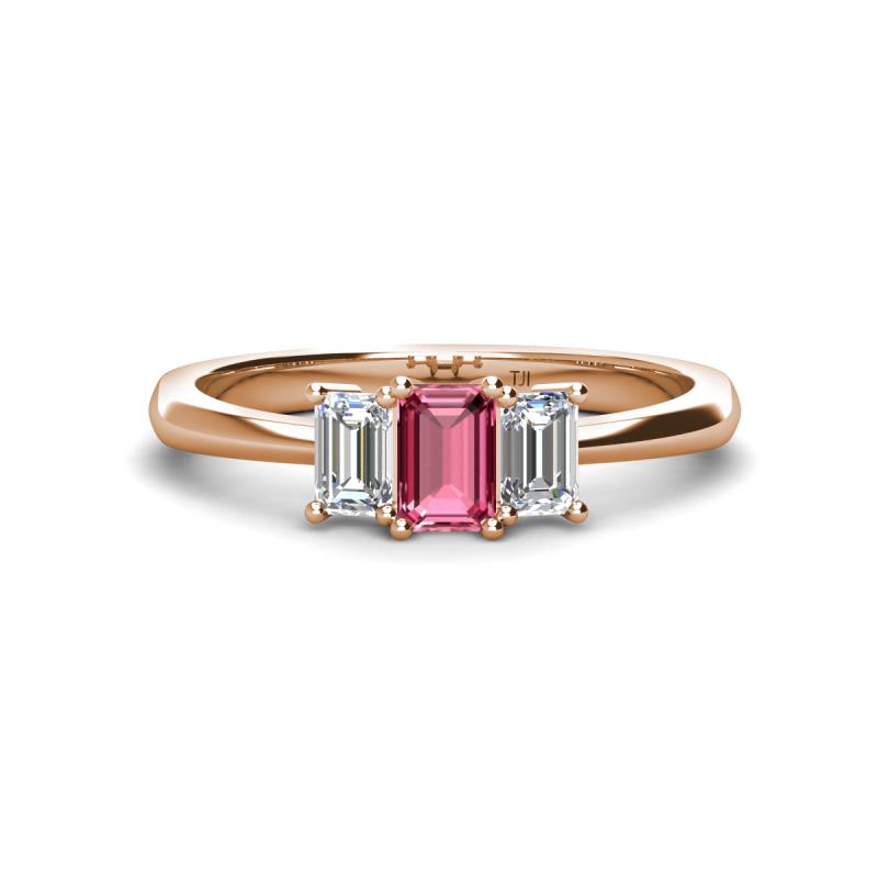 Daria 6x4 mm Emerald Cut Pink Tourmaline and Lab Grown Diamond Side Gallery Work Three Stone Engagement Ring 