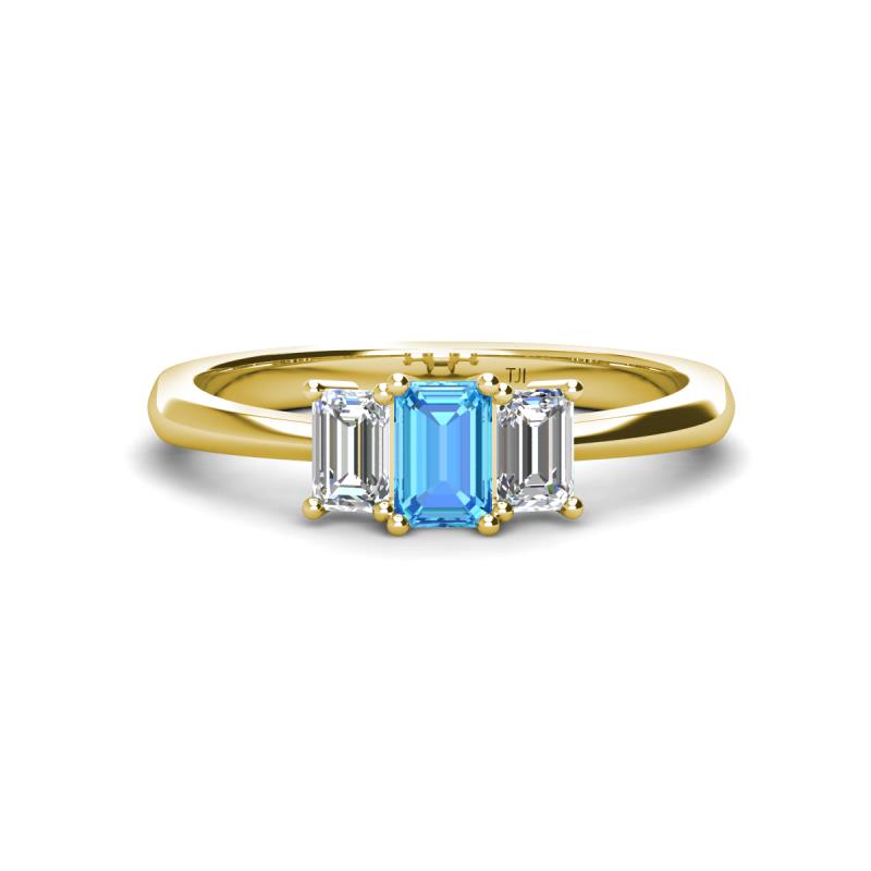 Daria 6x4 mm Emerald Cut Blue Topaz and Lab Grown Diamond Side Gallery Work Three Stone Engagement Ring 