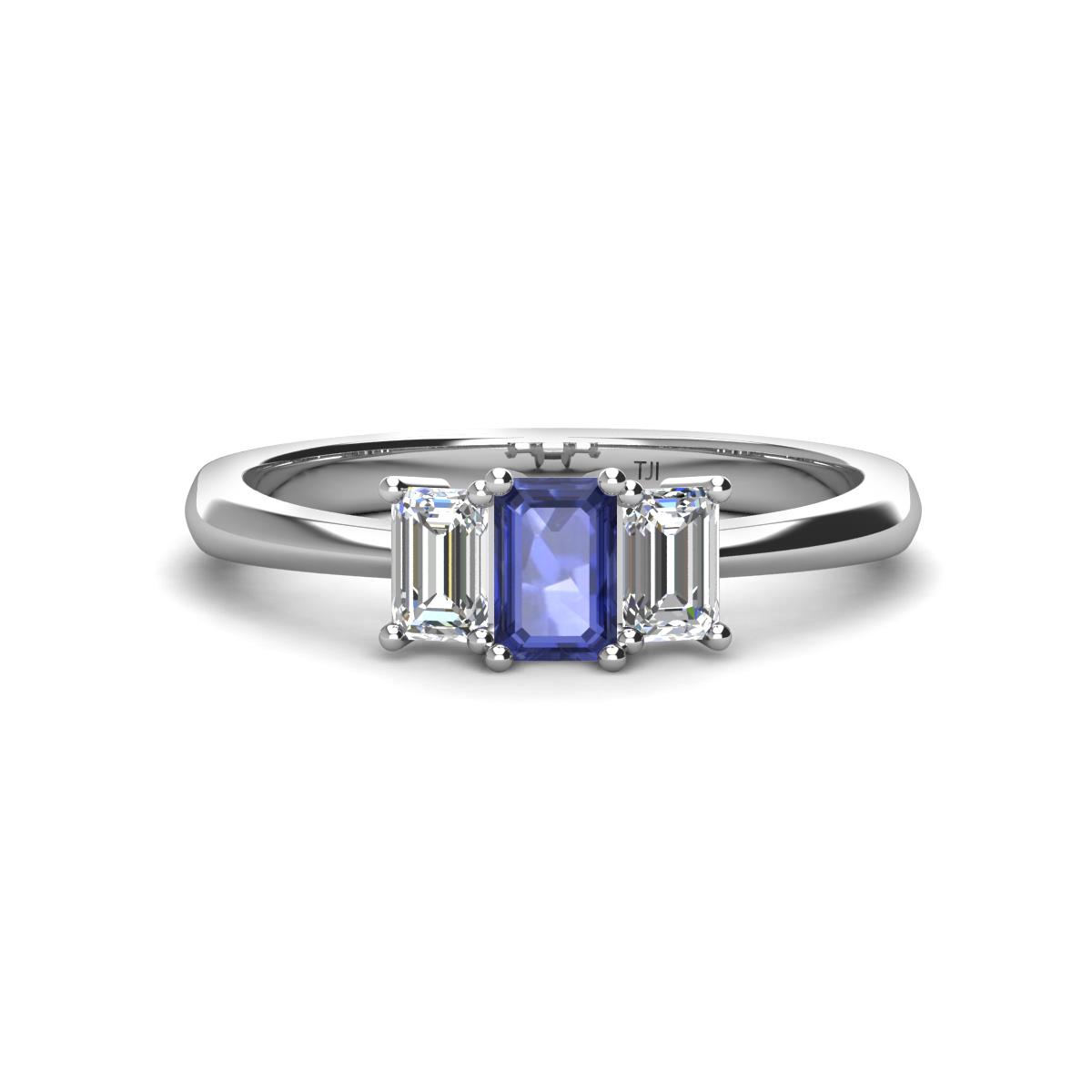 Daria 6x4 mm Emerald Cut Iolite and Lab Grown Diamond Side Gallery Work Three Stone Engagement Ring 
