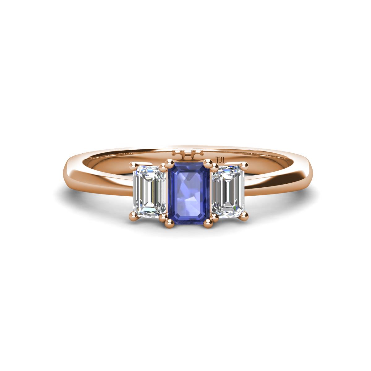 Daria 6x4 mm Emerald Cut Iolite and Lab Grown Diamond Side Gallery Work Three Stone Engagement Ring 