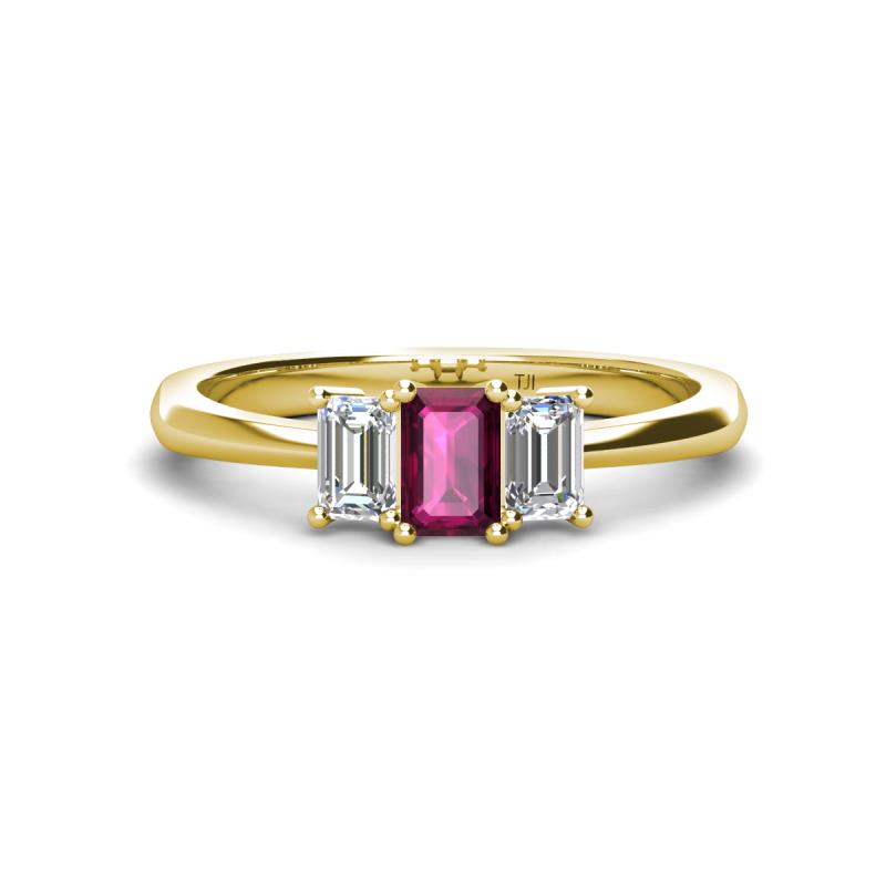 Daria 6x4 mm Emerald Cut Rhodolite Garnet and Lab Grown Diamond Side Gallery Work Three Stone Engagement Ring 