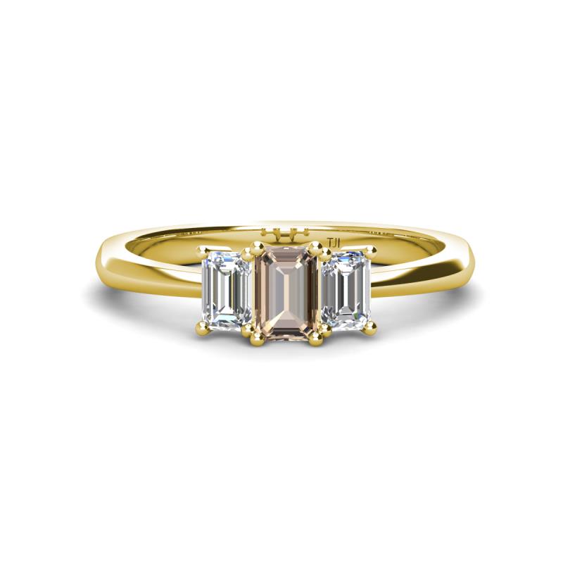 Daria 6x4 mm Emerald Cut Smoky Quartz and Lab Grown Diamond Side Gallery Work Three Stone Engagement Ring 