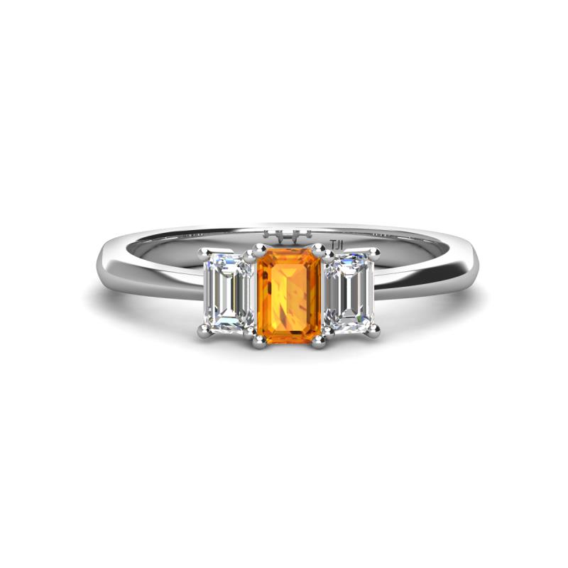 Daria 6x4 mm Emerald Cut Citrine and Lab Grown Diamond Side Gallery Work Three Stone Engagement Ring 