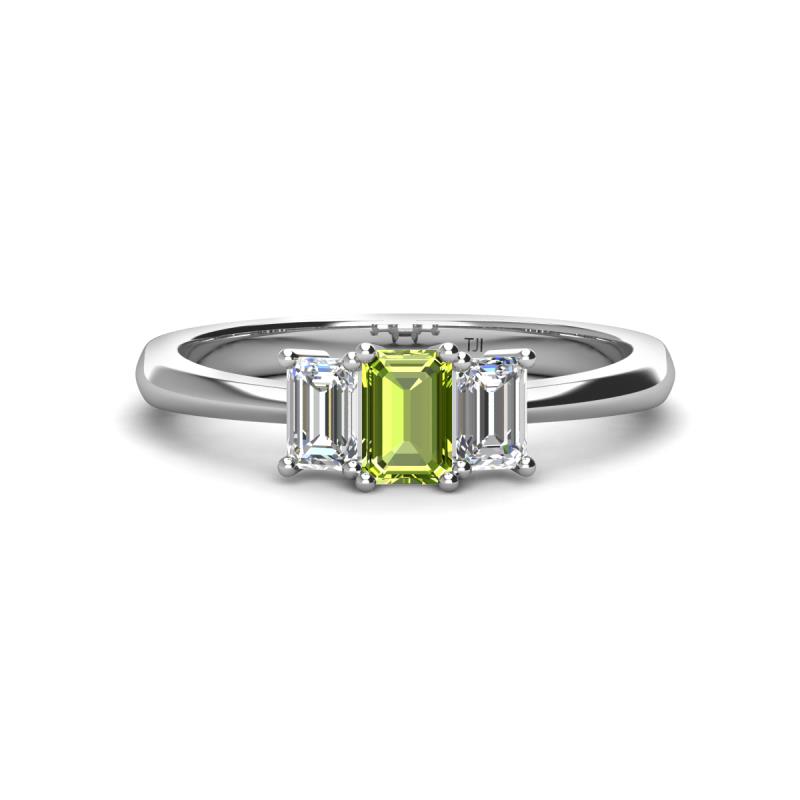 Daria 6x4 mm Emerald Cut Peridot and Lab Grown Diamond Side Gallery Work Three Stone Engagement Ring 