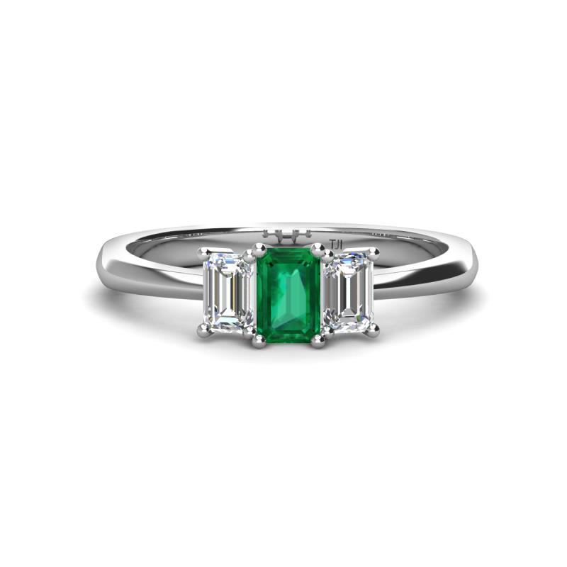 Daria 6x4 mm Emerald Cut Emerald and Lab Grown Diamond Side Gallery Work Three Stone Engagement Ring 