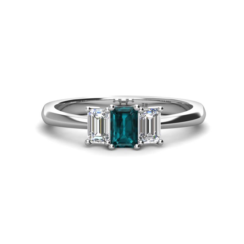 Daria 6x4 mm Emerald Cut London Blue Topaz and Lab Grown Diamond Side Gallery Work Three Stone Engagement Ring 