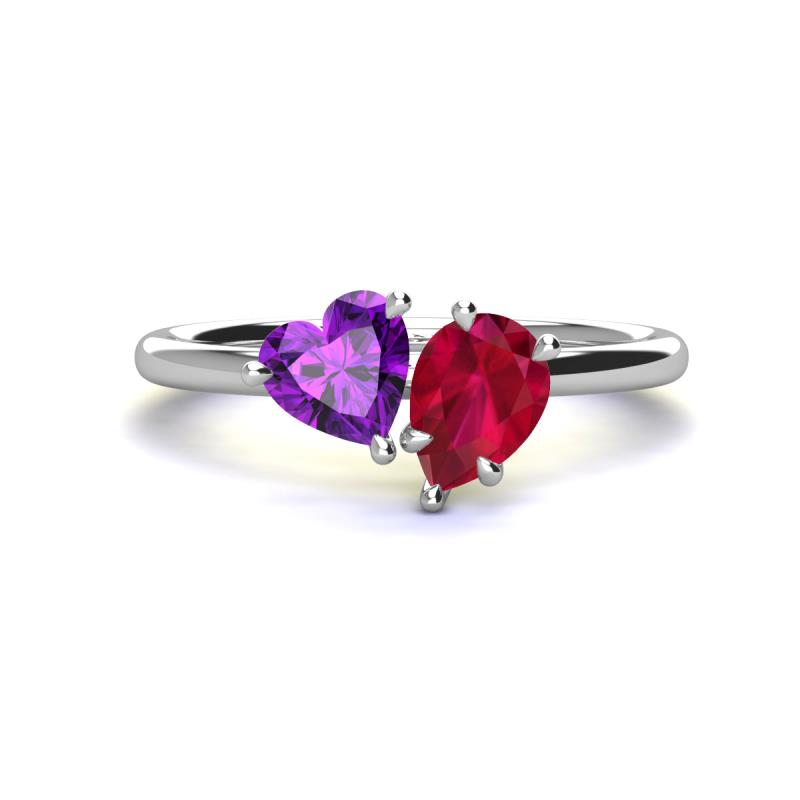 Sasha Heart Shape Amethyst & Pear Shape Lab Created Ruby 2 Stone Duo Ring 