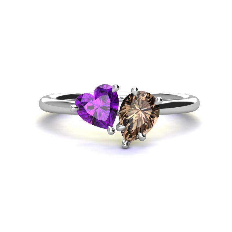 Sasha Heart Shape Amethyst & Pear Shape Smoky Quartz 2 Stone Duo Ring 