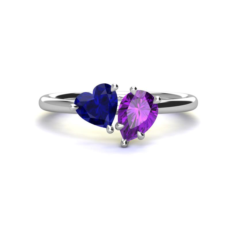 Sasha Heart Shape Lab Created Blue Sapphire & Pear Shape Amethyst 2 Stone Duo Ring 