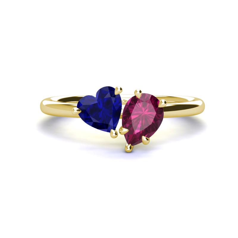 Sasha Heart Shape Lab Created Blue Sapphire & Pear Shape Rhodolite Garnet 2 Stone Duo Ring 