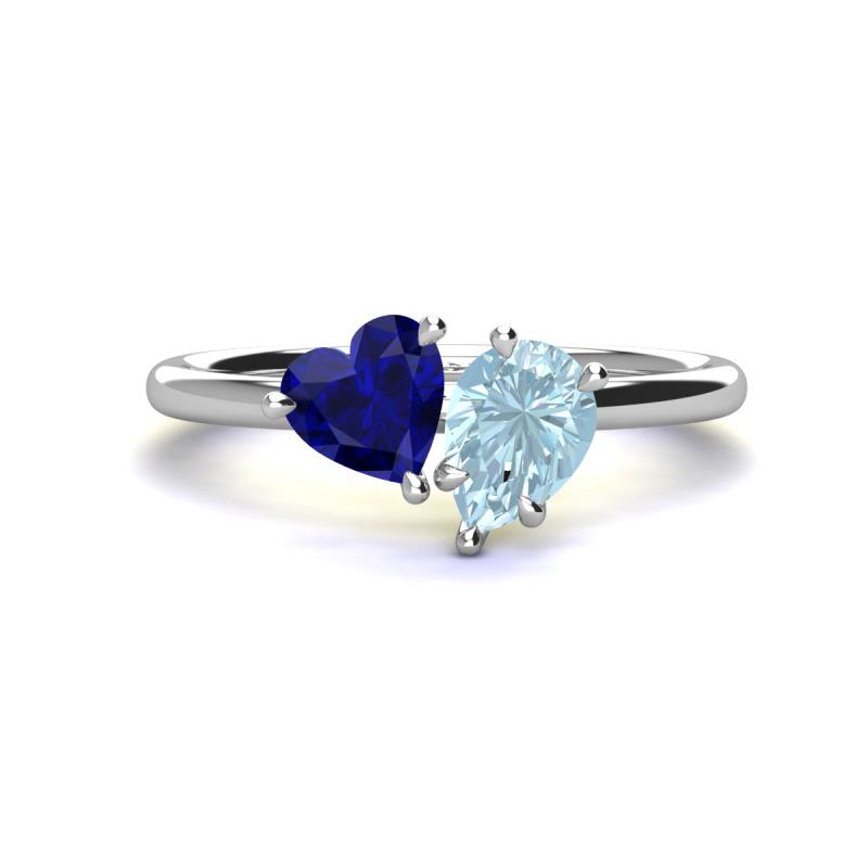 Sasha Heart Shape Lab Created Blue Sapphire & Pear Shape Aquamarine 2 Stone Duo Ring 