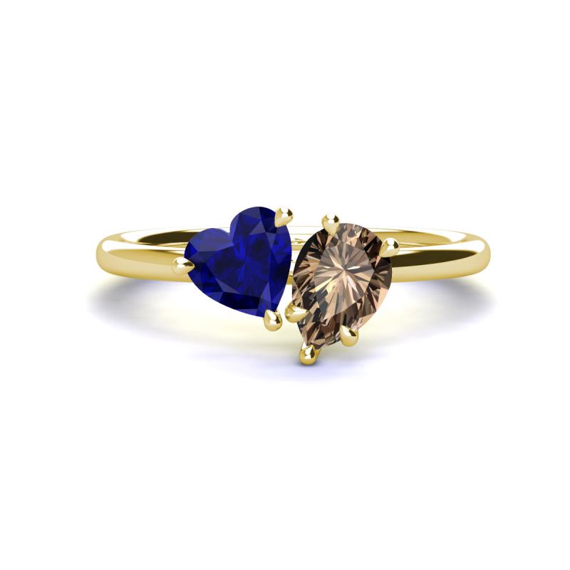 Sasha Heart Shape Lab Created Blue Sapphire & Pear Shape Smoky Quartz 2 Stone Duo Ring 