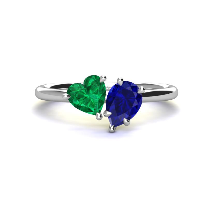 Sasha Heart & Pear Shape Created Emerald & Created Blue Sapphire 2 Stone Duo Ring 