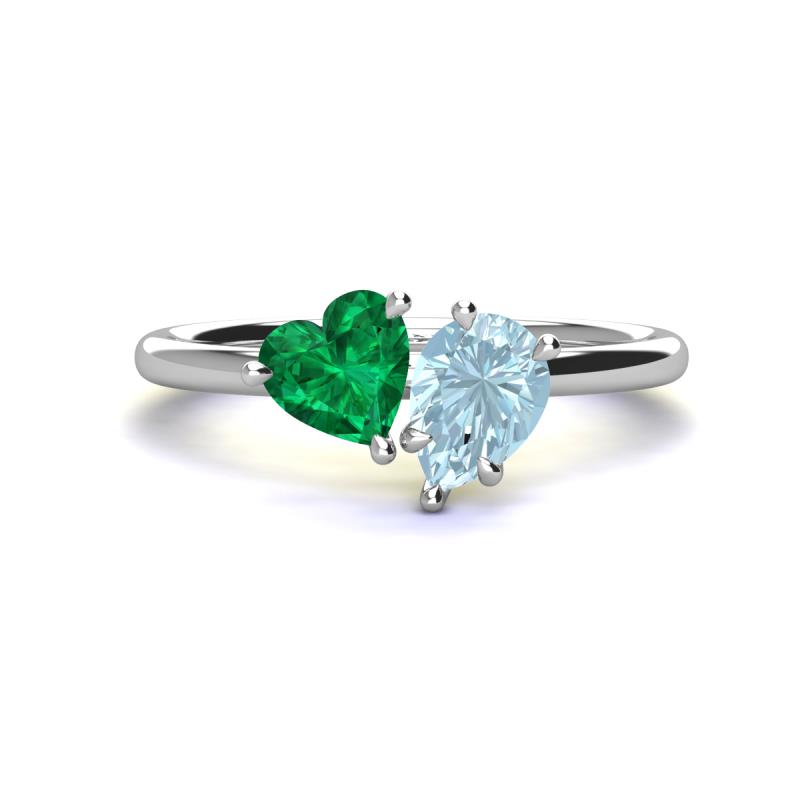 Sasha Heart Shape Lab Created Emerald & Pear Shape Aquamarine 2 Stone Duo Ring 