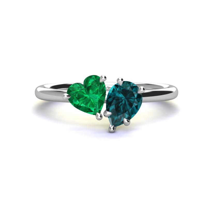 Sasha Heart Shape Lab Created Emerald & Pear Shape London Blue Topaz 2 Stone Duo Ring 